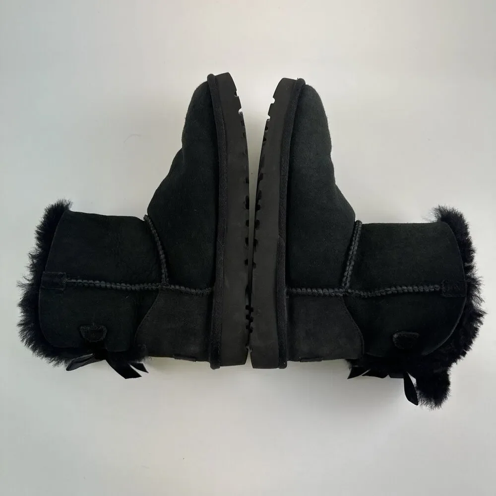 Ugg Mini Bailey Bow II Boot Ankle Black Suede Sheepskin Lined 1016501 Womens 6